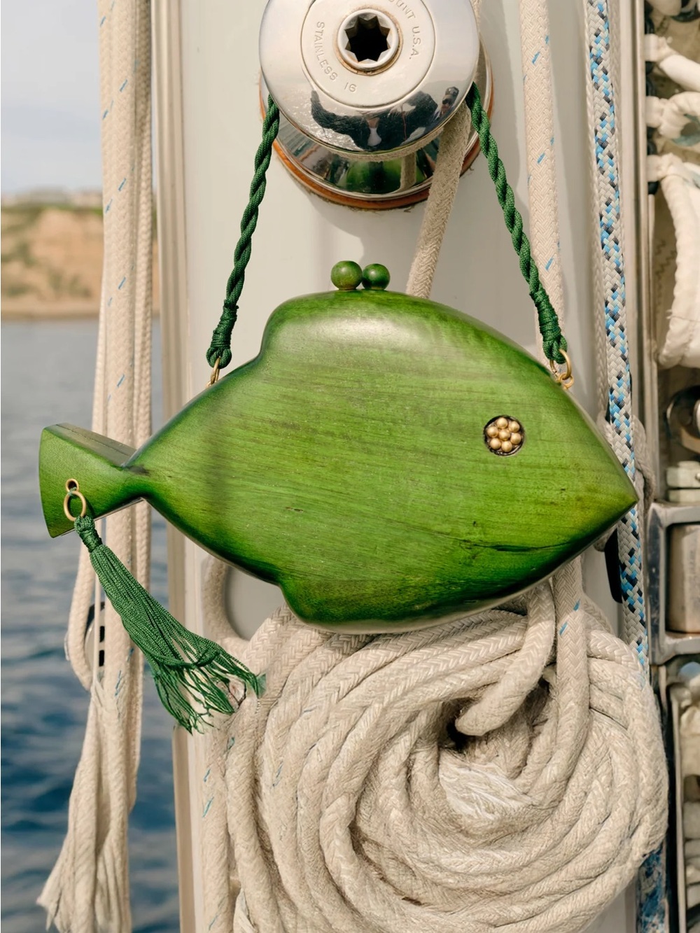 NWT Simon Miller Carved Wooden Fish Clutch in Gummy Green - RARE